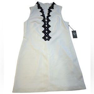 Vince Camuto Dress Women’s 14 Ivory Blue Sheath High Collar Swirl Appliqué NWT